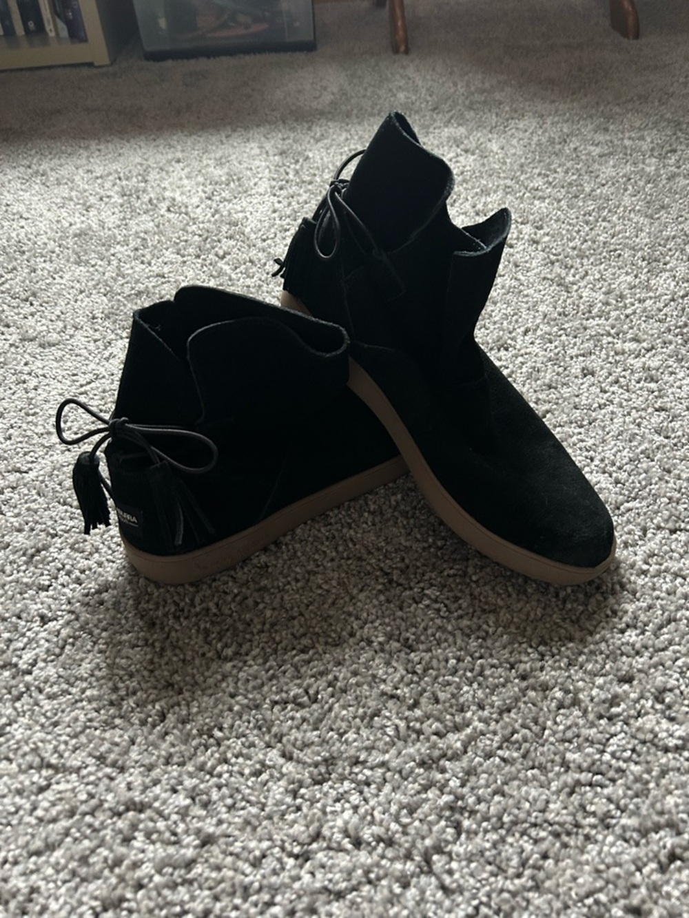 Koolaburra by UGG Black Suede Ankle Booties with Tan Sole and ankle tie